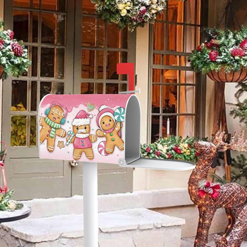 FBCOO Pink Christmas Mailbox Cover Magnetic Standard Size 20.5" x 18", Xmas Gingerbread Man Peppermint Candy Decorative Post Letter Box Wrap Decor, Winter Holiday Garden Yard Outdoor Decoration - Image 2
